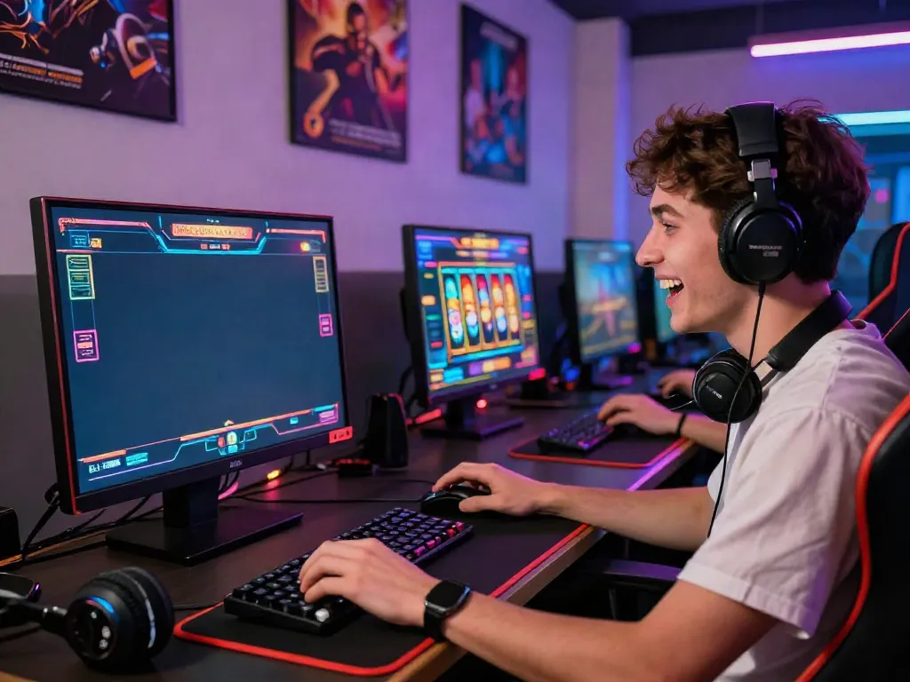 Player immersed in a colorful slot game on a high-definition monitor in a modern gaming setup.