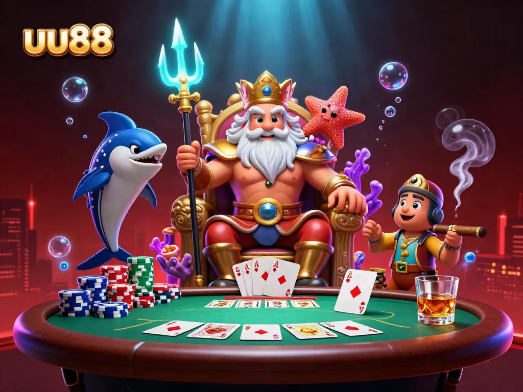 Experience the lively atmosphere of uu88 with Neptune and poker elements in an immersive 3D scene.