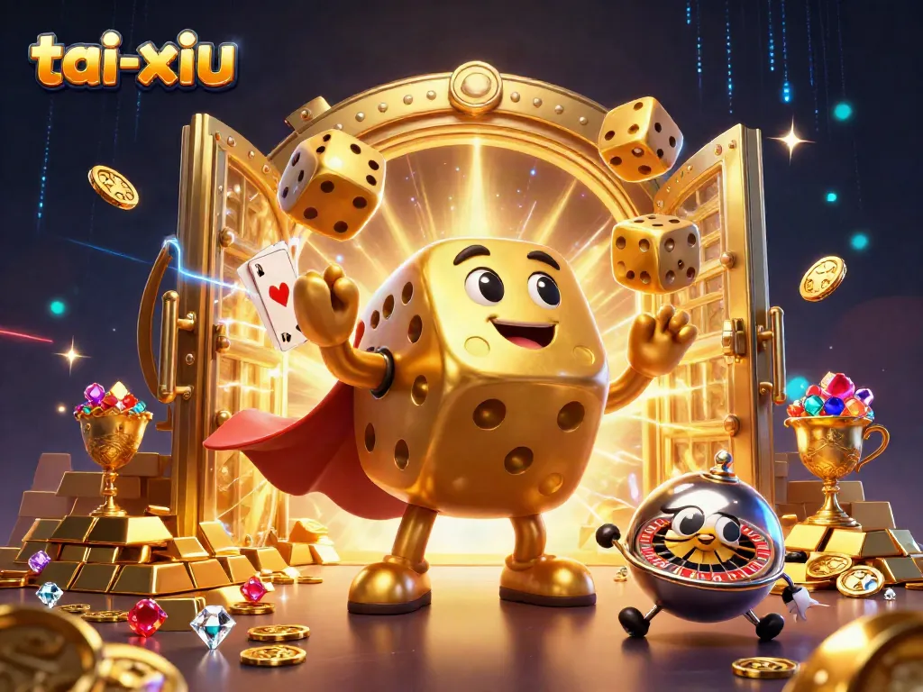 Engage in thrilling tai-xiu gambling with dynamic golden dice characters in an animated 3D casino scene.