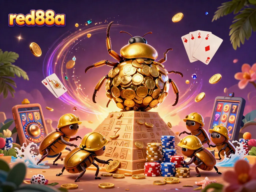 Engage in thrilling gaming with red88a as a golden dung beetle showcases a fortune of golden coins in a vivid casino scene.