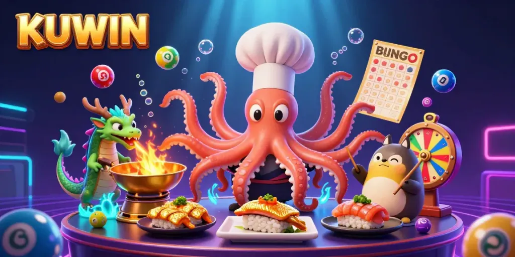 Engage with KUWIN's vibrant casino experience featuring dynamic game elements and characters in a lively digital illustration.