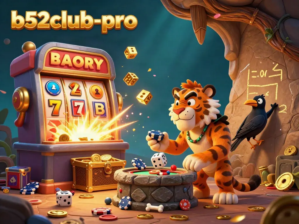 Engage with b52club-pro's vibrant prehistoric casino scene featuring a caveman-coupled tiger and crow.