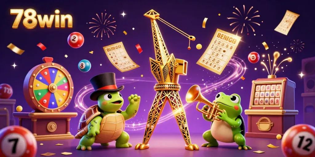 Experience thrilling gameplay with 78win in a vibrant 3D illustration featuring dynamic lottery action.