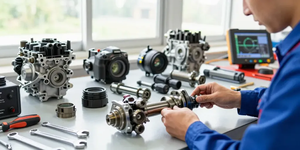 Części do silników Deutz, Sisu, John Deere, Perkins, MWM, Kubota – technik w warsztacie naprawczym ocenia mechaniczne elementy.