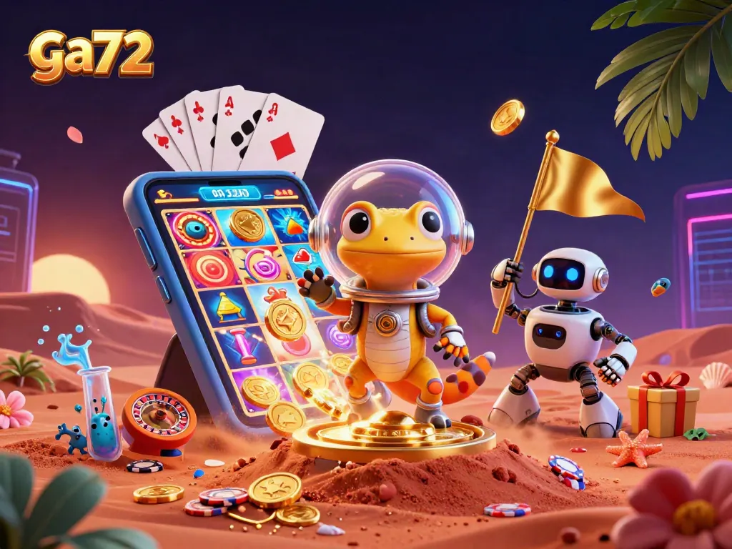 Experience thrilling wins with ga72’s vibrant casino scene featuring a Martian gecko discovering golden treasures.