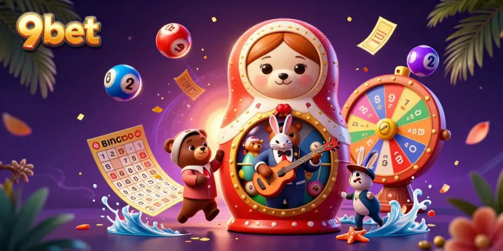 Experience big wins with 9bet in a vibrant live casino scene filled with lottery balls and festive elements.