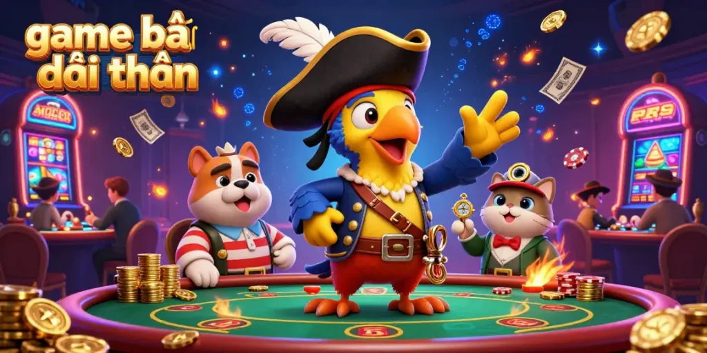 Exciting scene of game bài đổi thưởng with pirate-themed characters in a vibrant casino setup.