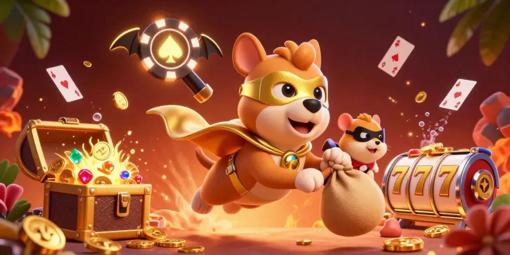 Onbet casino illustration showcasing a superhero dog in a golden cape flying amidst gold coins and poker symbols, emphasizing entertainment.