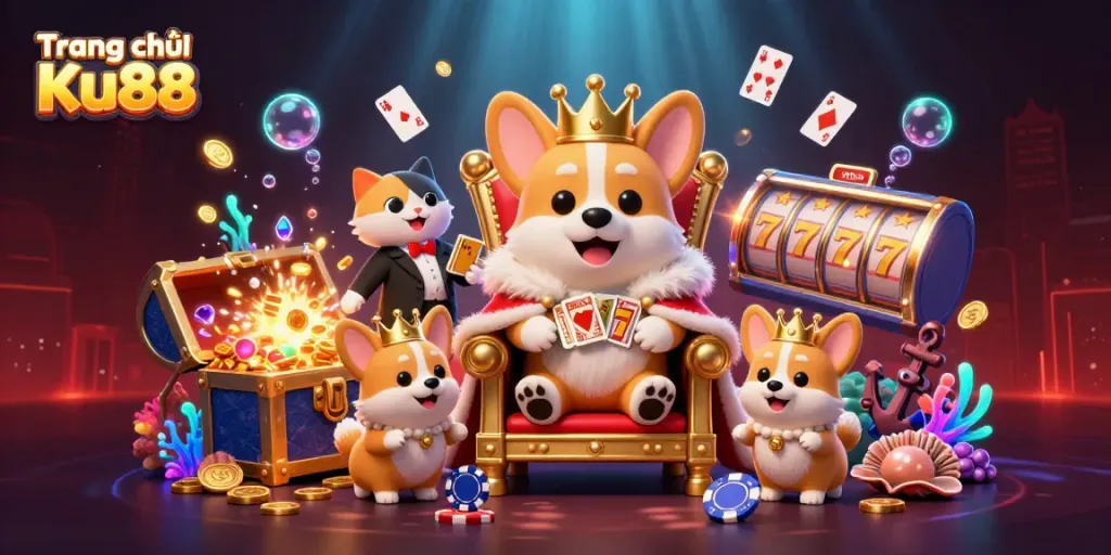 Experience thrilling gameplay with Trang chủ Ku88's vibrant casino scene showcasing a royal corgi and colorful gaming elements.