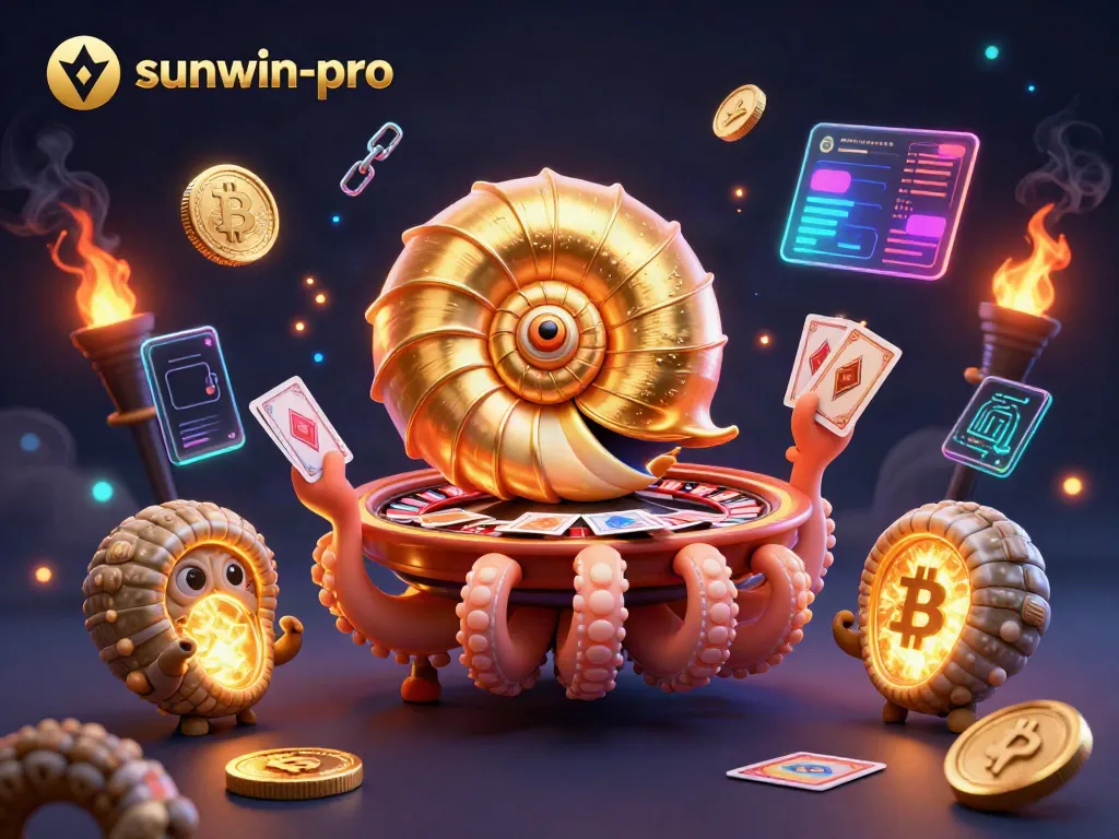 The vibrant scene highlights sunwin-pro with a giant nautilus roulette wheel surrounded by crypto elements.