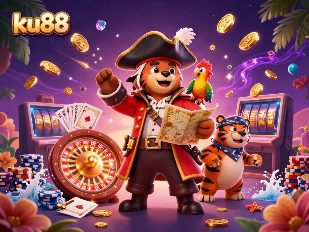 Join the excitement at ku88, where a pirate captain bear and tiger explore thrilling casino opportunities amid cascading coins and gems.