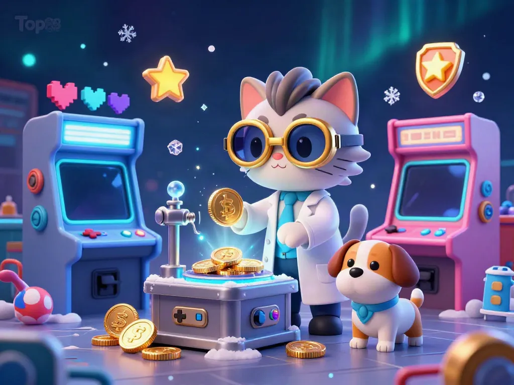 Engage in exciting gameplay with Top88 in this vibrant scene of a mad scientist cat and assistant amidst casino elements.