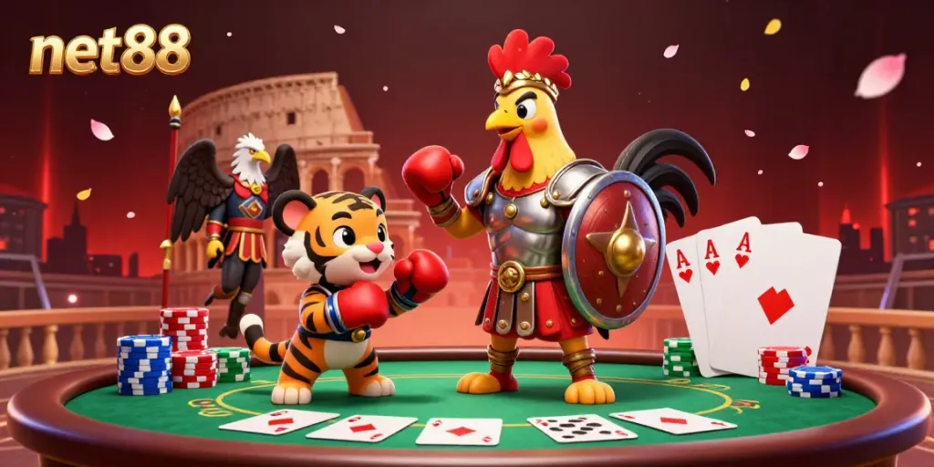 Experience thrilling poker action at net88 with a gladiator rooster and tiger cub in a vibrant colosseum arena illustration.