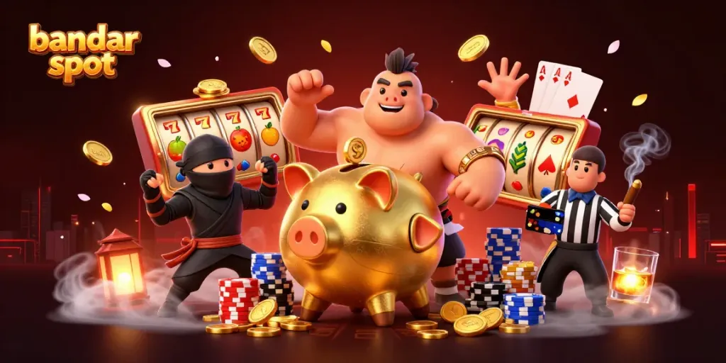 Experience the excitement of bandar slot with animated piggy banks and classic casino elements.