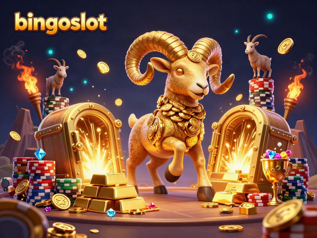 Permainan bingoslot beraksi dengan 3D ram emas dan tumpukan chip kasino menakjubkan.