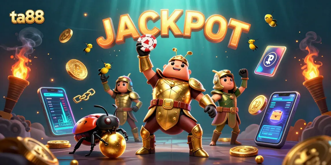 Engage with ta88 as a triumphant beetle team celebrates a big jackpot in a vibrant casino scene.