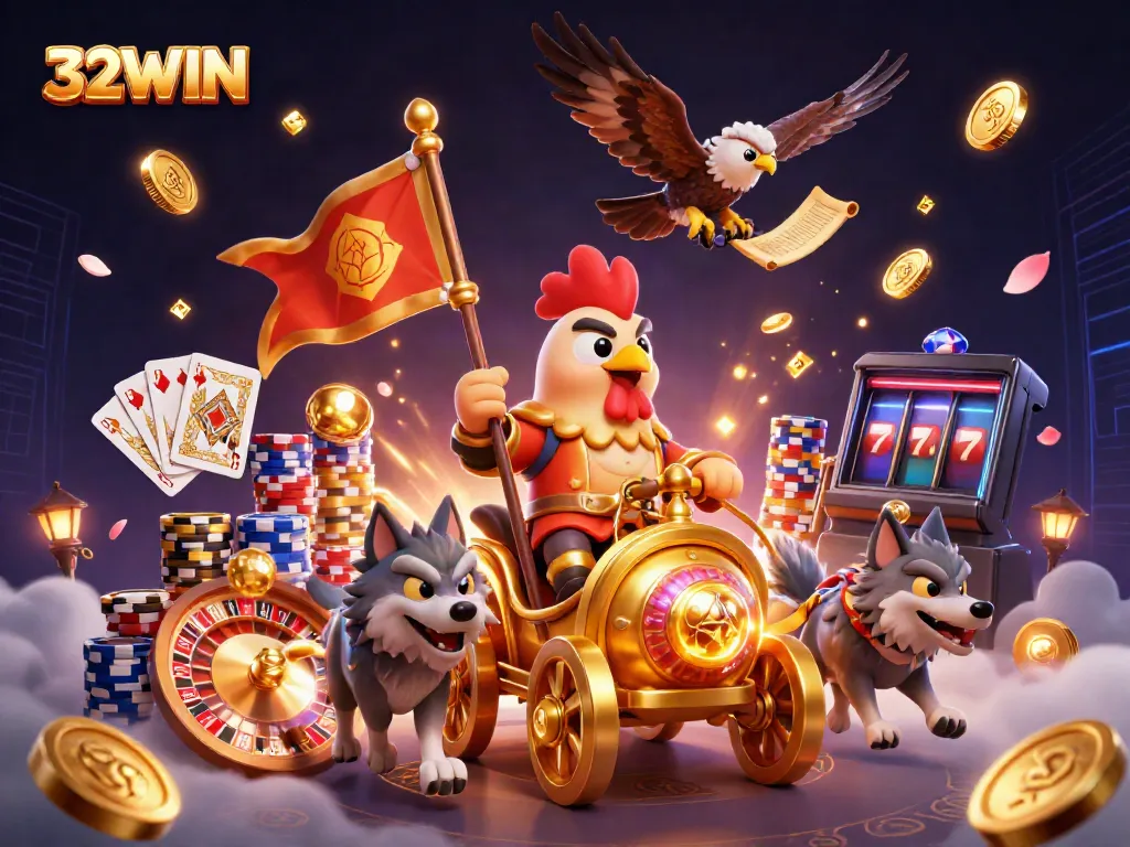 Experience dynamic gaming adventures with 32WIN, featuring a rooster warlord in an epic casino scene.