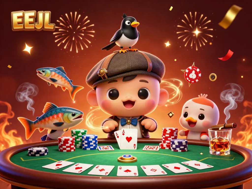 EEJL casino scene with cartoon Nessie, poker table, chips, and vibrant elements