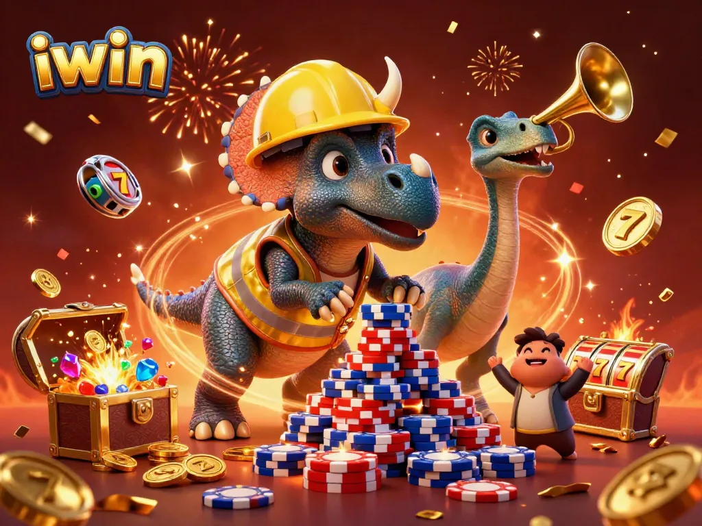 iwin casino scene with triceratops and parasaurolophus celebrating amidst vibrant slot reels and poker chips.
