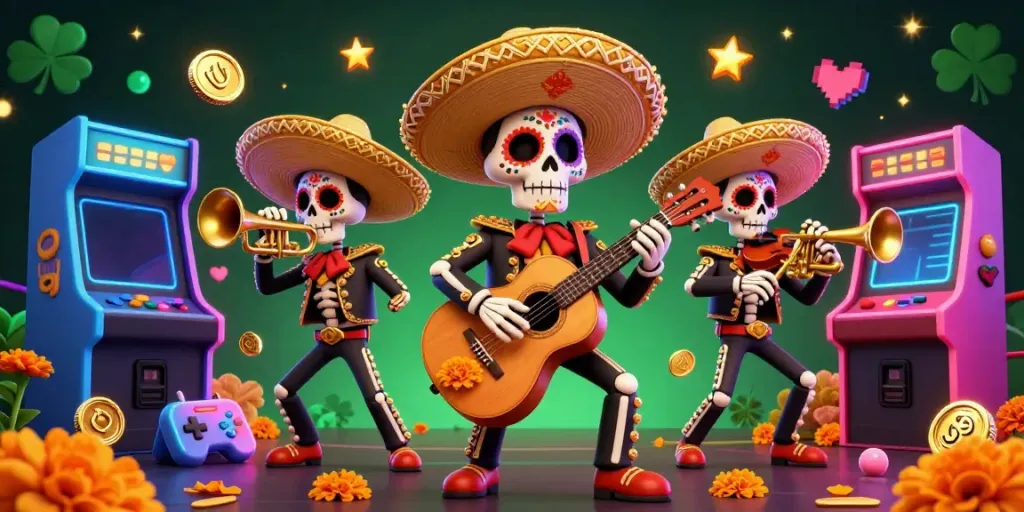 rikvip showcases vibrant gameplay with colorful skeleton musicians and arcade machines.