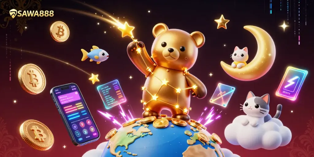 SAWA888 illuminates the crypto casino universe with vibrant, interactive 3D characters and elements.