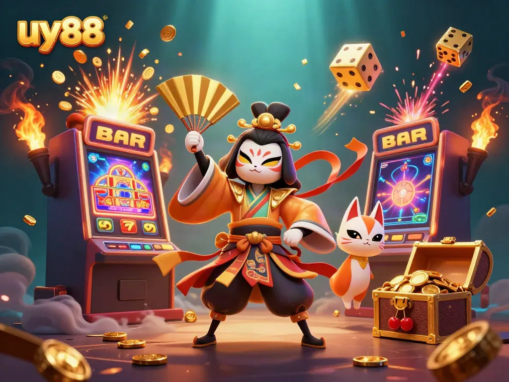 Experience the excitement at uy88 with a vibrant 3D casino celebration, jackpot delights, and dynamic gaming elements.