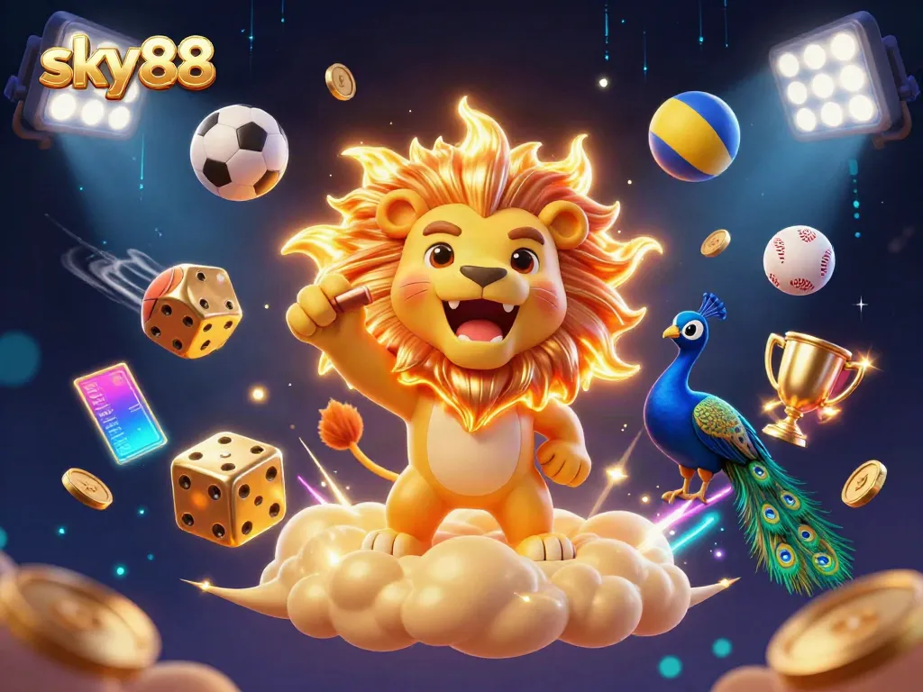 Engage in exhilarating gameplay at sky88, featuring vibrant sports elements like golden trophies and dynamic sports balls.